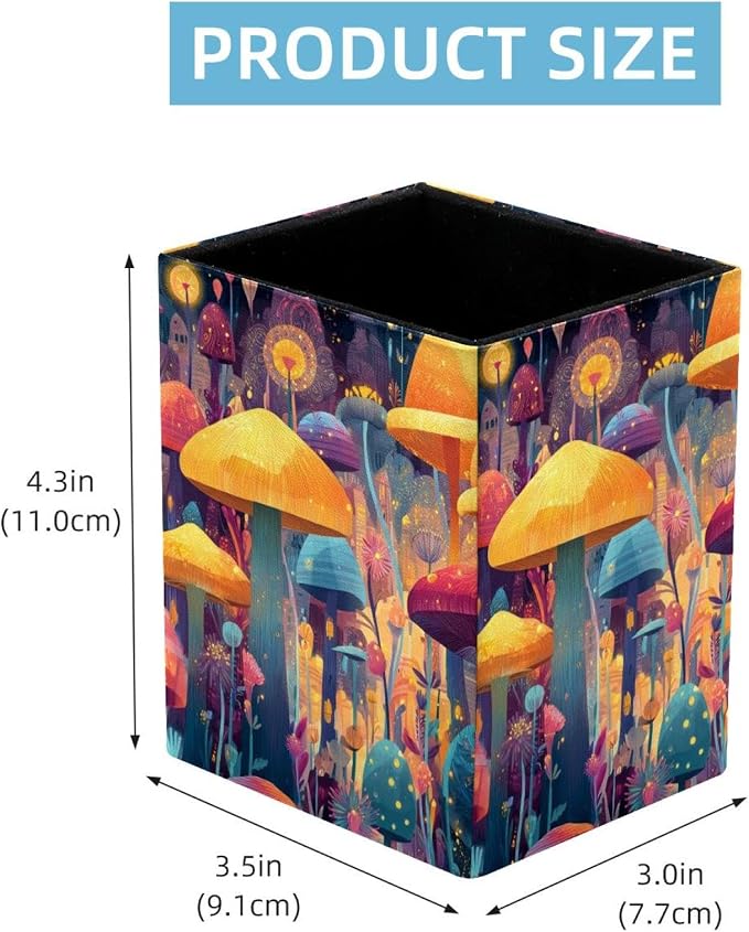 Mushroom Pen Holder for Desk Decor, Rectangular PVC Leather Pencil Cup for Desk Pen Organizer, Makeup Brush Holder for School, Home, Office