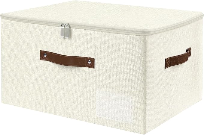 ANMINY Storage Box Fabric Bins with Zipper Lid, 17.7"x13.8"x10" Beige | Keepsake Box, Decorative, Cotton Linen, Reinforced PP Board Frame, Washable, Stackable & Foldable, Label Holder & PU Handles