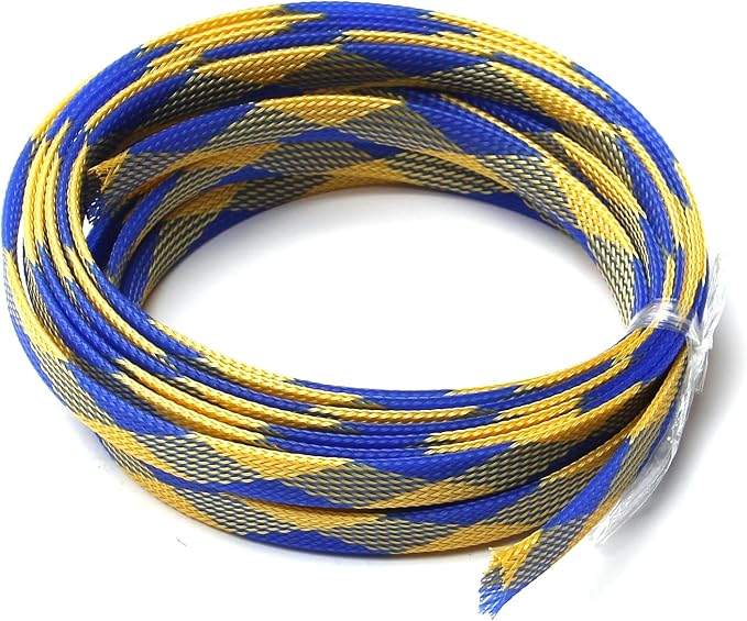 Jutagoss PET Expandable Braided Cable Sleeve, 16.4ft - 1/2 inch Blue Yellow Cable Management Sleeve, Wire Loom Tube Cord Protector for USB Cable, Power Cord, Audio Video and More, 1Pc