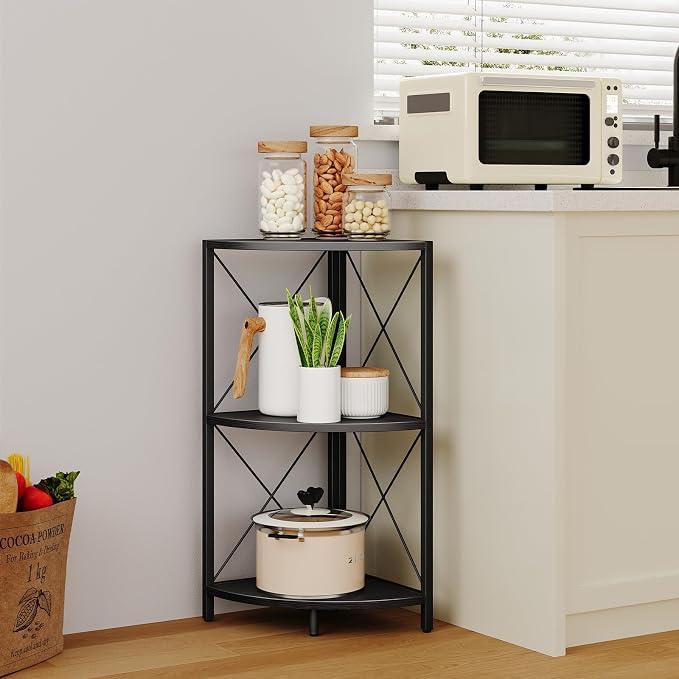 Snughome Corner Shelf with Metal Frame, 3 Tier Corner Storage Organizer, Freestanding Corner Bookshelf Stand Display Rack for Kitchen, Living Room, Black