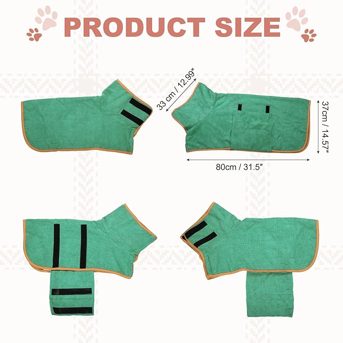 Dog Drying Coat, Dog Robes for After Bath Bathrobe Super Absorbent Towel Soft Adjustable, (L, Dark Green), Intended for Fast Drying Warm Keeping Pet Cats Kitten Puppies