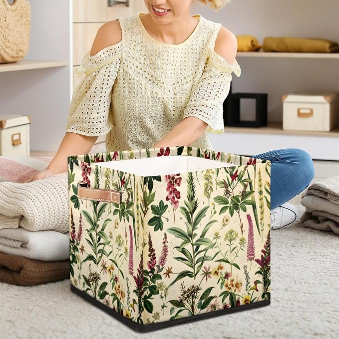 Wildflower Botanical Storage Bin, 13 Inch Collapsible Fabric Storage Bin, Floral Vintage Foldable Cube Basket for Shelf, Closet, Organizer