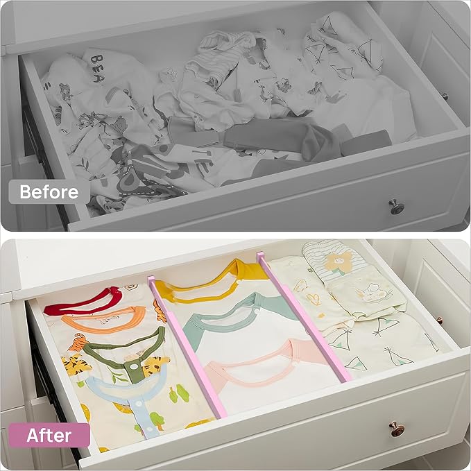 Expandable Bamboo Drawer Dividers Organizers, Drawer Separators Splitter, 17-22 inches Long Adjustable Spring-loaded Organizer for Large Utensil, Clothes, Tools(Pink)