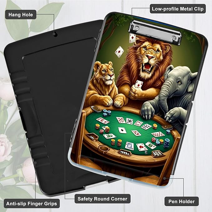 Elephant Lion A4 Clipboard with Storage Pen Holder, Clipboards Organizer Nursing Clipboard Foldable File Folder Plastic Clipboard Folio Clip Board for Office Students Classroom Doctor