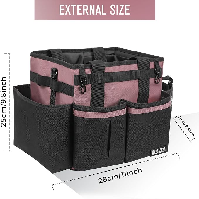 SCAVATA Compact Wearable Cleaning Caddy with Handle & Shoulder Straps | Small Cleaning Supplies Organizer, Under Sink & Car Cleaning Tools Storage Bag for Housekeepers Cleaners, LotusPink