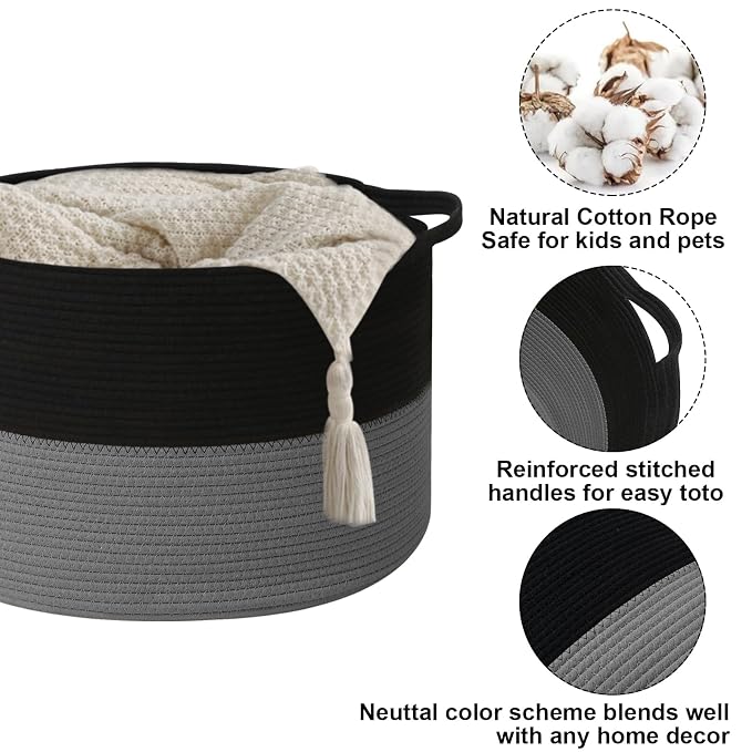 90L Extra Large Blanket Basket,Woven Laundry Basket-Black&Dark Grey | Collapsible, reinforced handles, nursery storage bin organizes clothes, toys and pillows for living room, bedroom bathroom