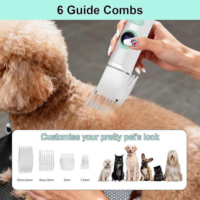 TBTeek Dog Clippers with LED Light, Cordless Dog Grooming Kit 5 in 1, Rechargeable Quiet Pet Clippers Paw Trimmer Nail Grinder for Body Face Ears Paw Nail