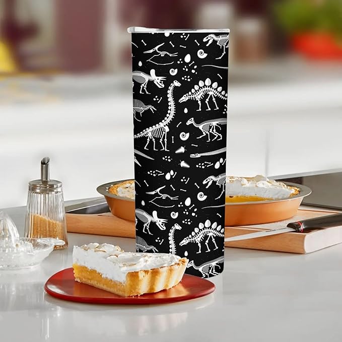 20 oz Insulated Stainless Steel Tumbler Mug, Black and White Dinosaur Skeleton Cup with Lid, Hot and Cold Insulation Presents for Men Women Teens