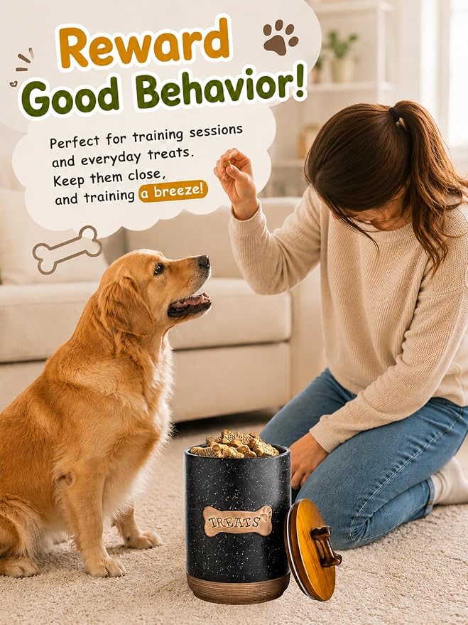 Miamolo Dog Treat Container, Dog Treat Jar for Countertop Airtight Seal Lid | Ceramic, 8 Cups, Wooden Lid, Cast-iron Handle | Dog Food Storage Container, Decorative Dog Cookie Canister, Bone Dotted Black