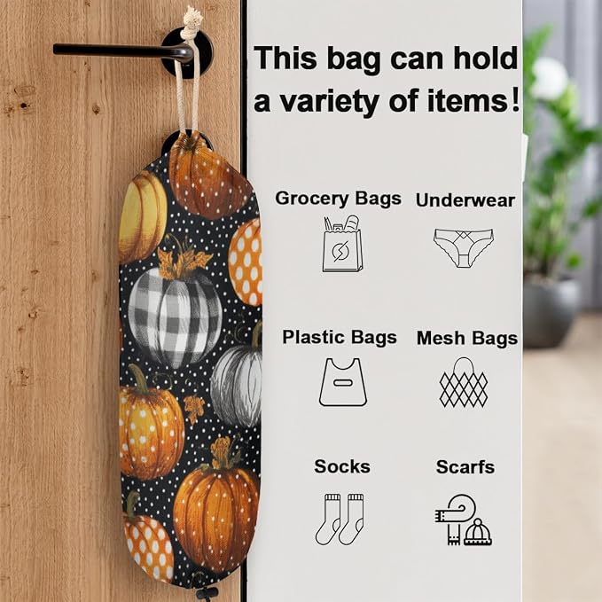 Autumn Pumpkin Plastic Bag Holder Polka Dots Grocery Bag Storage Dispenser Washable Hanging Shopping Bags Carrier Reusable Wall Mount Trash Bag Organizer for Kitchen Pantry