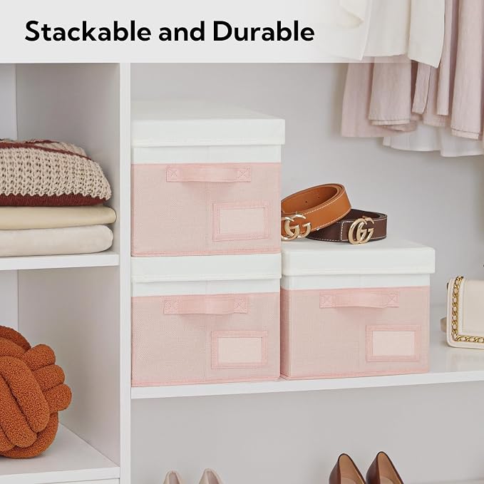 GRANNY SAYS Storage Bins with Lids, Decorative Storage Boxes with Lids | Storage Box with Dust Cover, Handles & Lable, Collapsible, Ideal for Closet Clothes Blanket Toys, Medium, White&Pink, 3-Pack