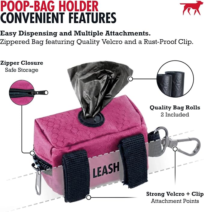 Tuff Pupper Dog Poop Bag Holder | Works with Any Dog Leash | Zippered Waste Bag Dispenser | Waterproof with Rust-Proof Clip | Convenient Lightweight Design | Includes 2 Rolls of Leak-Proof Bags