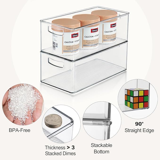 Hudgan 8 Pack Freezer Organizer Bins,Stackable,Clear Bins for Fridge,Pantry | Straight Side, 3 Sizes, 2 XL Storage Container, 3 Large Cabinet Organizer, 3 Medium Storage Drawer