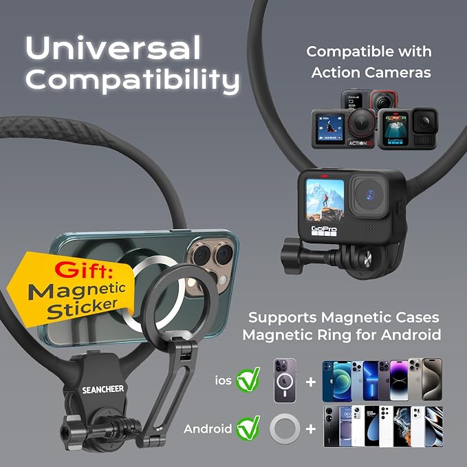 【2026 Extended Long】 Magnetic Neck Mount for Phones,Neck Phone Holder | 27.6"Hands Free Pov Phone Holder Chest Mount for iPhone17–12 & Android,Go Pro DJI,Camera Shoulder Supports