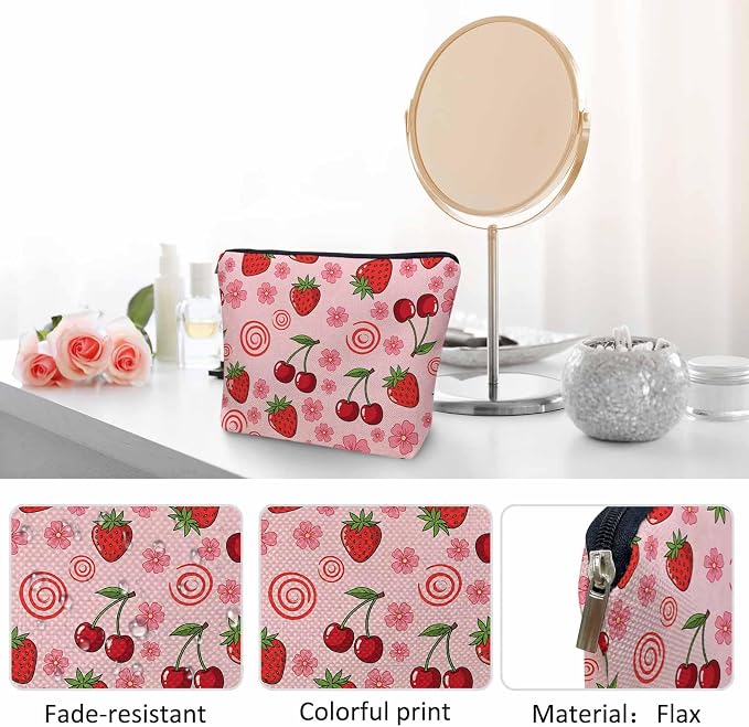 Strawberry Makeup Bags Makeup Organizer, Summer Strawberries Cherries Pink Flax Toiletry Bags Travel Cosmetic Bag Makeup Purse Pouch Skincare Bag Wallet Bags For Women Female Mom Daughter