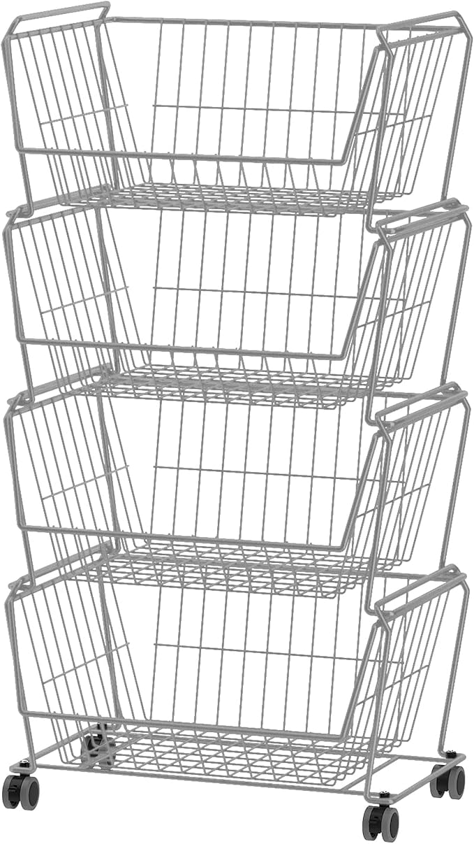 PUSDON 4-Tier Large Stackable Wire Storage Baskets with Wheels, Metal Rolling Utility Cart Organizer, Fruit and Vegetable Produce Basket for Kitchen Pantry, Bathroom Floor Shelf, Silver Grey