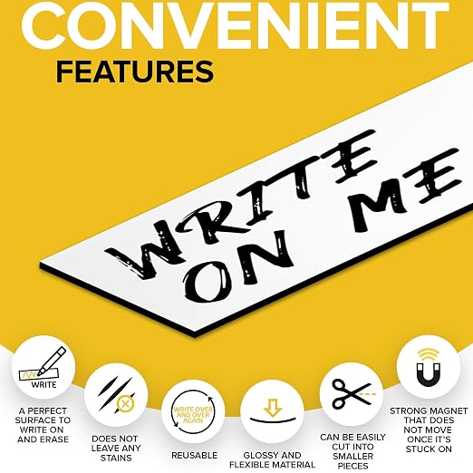 Dry Erase Magnetic Strips, Write-On, 1in x 25ft (2.5cm x 7.6m) | Blank & Writable Flexible Magnet Roll, Sticky Labels & Stickers for Whiteboards, Refrigerator and Crafts