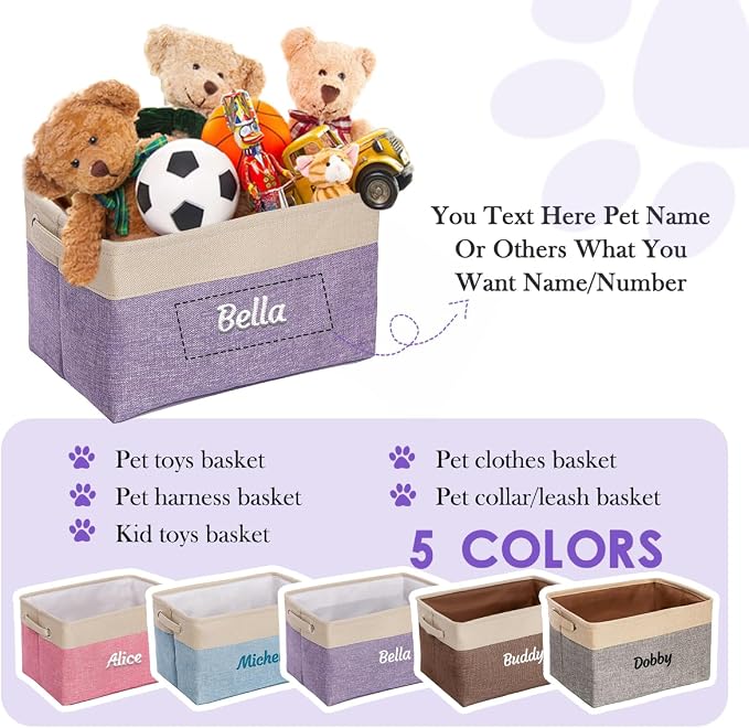 Ulico Personalized Dog Toy Storage Basket, Collapsible Pet Storage Organizer Box with Handles, Custom Dog Toy Bin with Pet's Name Cat Toy Storage Gift for Dog Lovers（Purple）