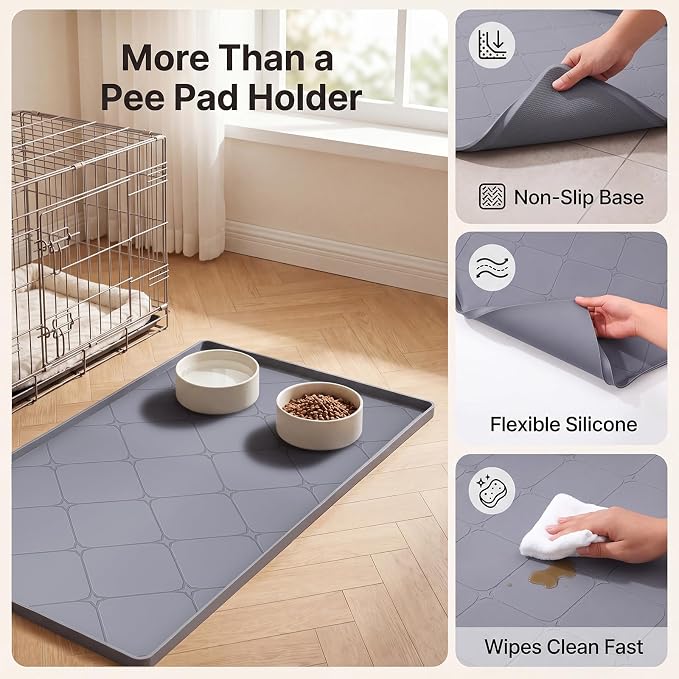 Dog Pee Pad Holder Tray, Silicone Mat 40 x 22 in, Raised Edge | Raised leakproof edge, waterproof silicone, easy-clean surface, for puppy training, senior dogs, home use