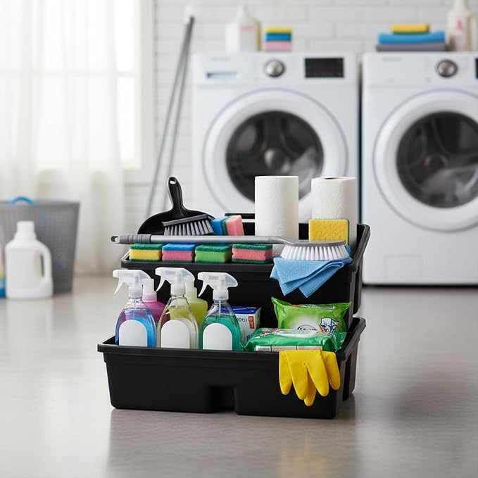 3-Compartment Plastic Cleaning Caddy Basket – Stackable Large Commercial Quality Plastic Tool Organizer Bucket with Handle, Black