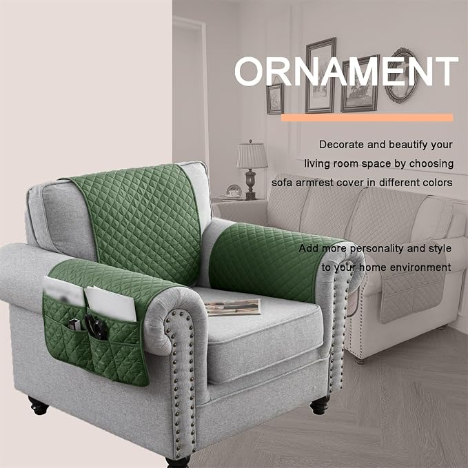 Water-Resistant Sofa Armrest and Headrest Covers with Side Pocket | Keep remotes close quilted polyester helps guard against wear, pet scratches, and kids' messes silicone backing adds grip