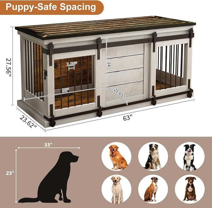 62" Farmhouse Dog Crate Furniture for 2 Large Dogs, Distressed White | Solid Wood Crate Furniture, Removable Divider, Dual Sliding Barn Doors, 2 Locks, Spacious Design, Heavy-duty TV Stand.