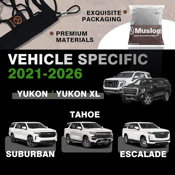 Muslogy Cargo Net for 2021+ Chevy Suburban Tahoe, Yukon&Yukon XL, Escalade | Custom Fit, Trunk Storage Organizer Net for SUV Sedan Van Divider, with Heavy Duty Carabiners, Night Visible Grab Handle