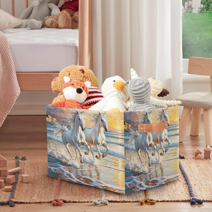 Storage Baskets Bin, Animal Running Horse Beach Collapsible Canvas Fabric Storage Bin Decorative Baskets Toy Organizer Rectangle Storage Boxes with Handles for Home Shelves Nursery,1Pack,A-478