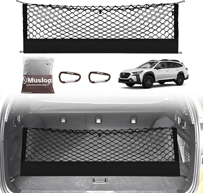 Muslogy Cargo Net for 2015-2025 2026 Outback Accessories | Custom Fit, Trunk Storage Organizer Net for SUV Sedan Van Divider, with Heavy Duty Carabiners, Night Visible Grab Handle