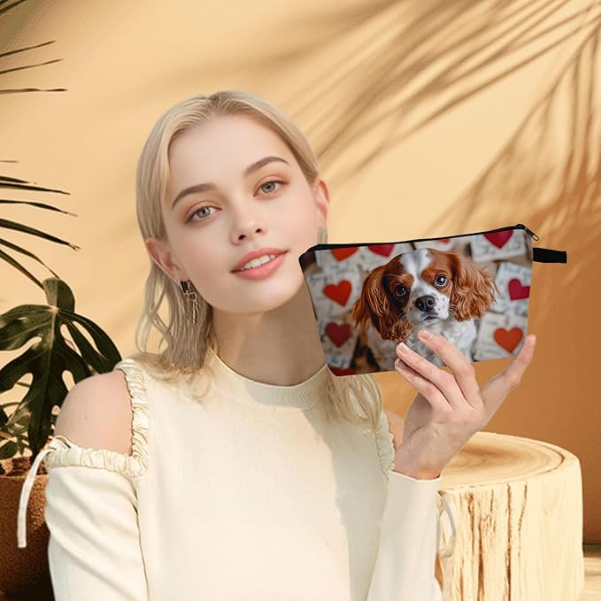 Cavalier King Charles Spaniel Makeup Bag Red Heart Background Adorable Dog Print Cosmetic Pouch for Dog Lovers Travel Toiletry Organizer Gift for Pet Enthusiasts