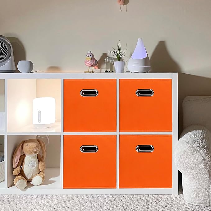 Black Foldable Storage Cubes Bins, Fabric Storage Box Cubes Organizer Baskets with Dual Handles for Home Organizer,Set of 3,(Orange)