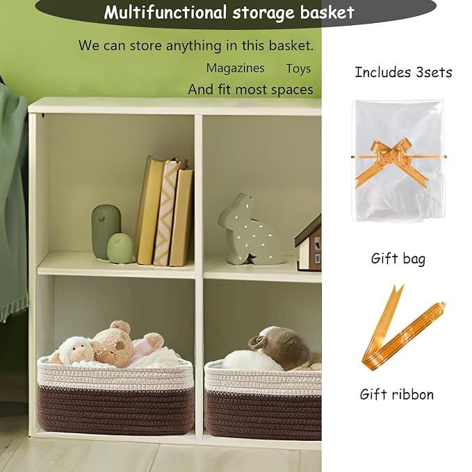 COMFY-HOMI 13" x 8.5" x 5.1" Storage Baskets for Organizing | Cotton Rope Woven Basket | Toy Storage Bin Box | Basket for Shelves, Closet Organizer Bin, Decorative Closet Shelf, 3 Pack