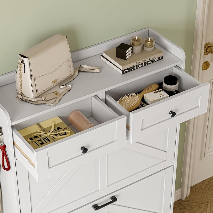BORNOON Shoe Storage Cabinet for Entryway, Farmhouse Narrow Shoe Cabinet with 2 Flip Drawers & Top Drawers, Adjustable Shelves & Hooks, Freestanding Hidden Rack Organizer for Hallway, Foyer