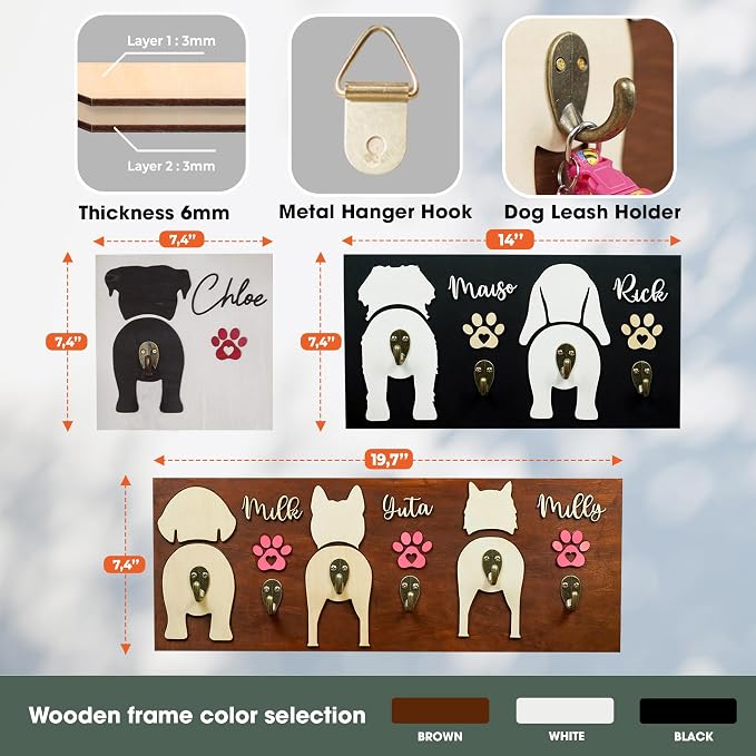 Personalized Dog Leash Holder Wall Mount, Custom Dog Butt Harness Wall Hanger Organizer with Name, Hooks for Leashes, Collars, Keys, Funny Leash Rack for Entryway, Gift for Pet Lovers, Home Décor