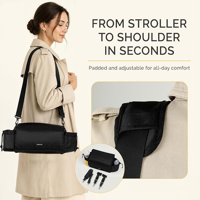 VERAVIE Extra Large Stroller Caddy Organizer Storage Bag, Cup Holders | One-hand magnetic closure, shoulder strap, diaper bag, wagon & pet stroller accessories, new mom essentials, baby travel gear