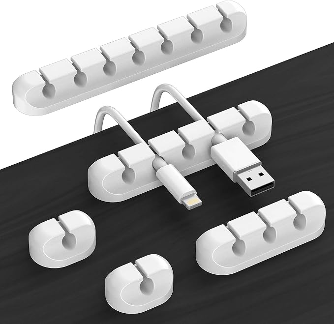 TviewSmart Cord Organizer for Desk, 5 Pack Cord Holders, Cable Clips, White | Silicone cable management clips self adhesive for nightstand and charger, 7-5-3-1-1 slots hold USB and phone cords up to 6 mm