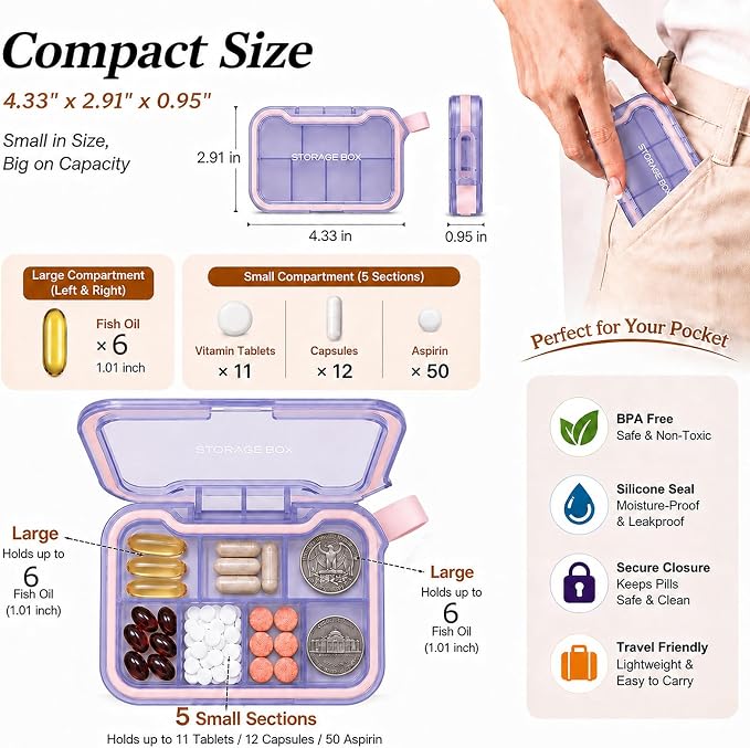 Small Pill Case with Handle, Travel Pill Organizer, Pocket Medicine Box | 7 Compartments Compact Pill Box for Fish Oil Vitamins Supplements Daily Medications, Purse Backpack Office