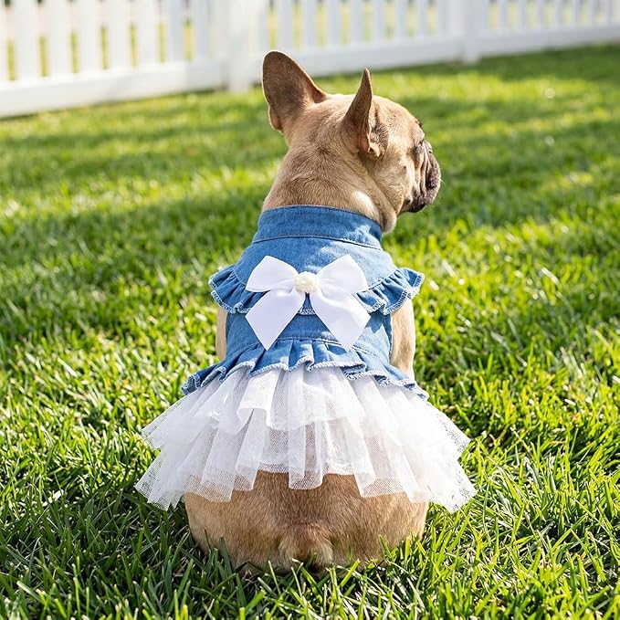 Dog Cat Denim Tutu Dress, Princess Puppy Kitten Outfit with Pearl Bow & Stand-Up Collar, Sleeveless Pet Clothes for Wedding Birthday Party, Easy Front Snap Closure for Chihuahua(White-Denim, Small)