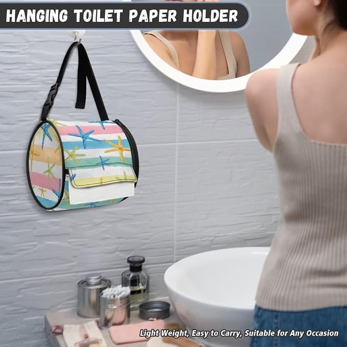 Modern Kitchen Bathroom Hanging Toilet Paper Starfish Stripes Tissue Holder Wall Mounted Tissue Towel Roll Holder with Adjustable Strap Easy Installation