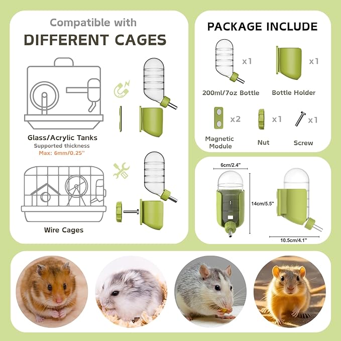 Hamster Water Bottle with Magnetic Stents, Water Bottle Holder for Glass Tanks, Suitable for Syrian Dwarf Hamsters Gerbils Mice Rats Degus (Green, 7 oz (Magnetic-Mounted))