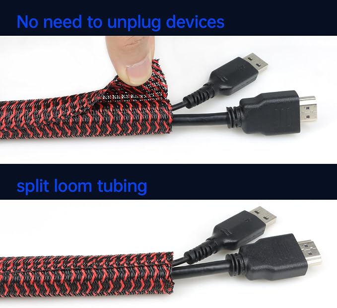 Cable Management, 16FT Wire Management Computer Cord Desk Organizer Protectors from Pets No Chew (Red Black, 25mm-(1"))