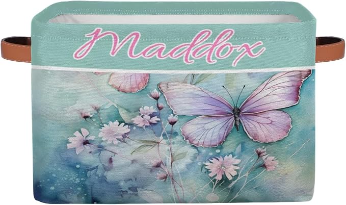 Custom Name Storage Bin, Personalized Rectangular Storage Basket with Handles for Organizing Boys Girls Toys Office Closet Shelf Baskets, Watercolor Pink Butterfly with Floral