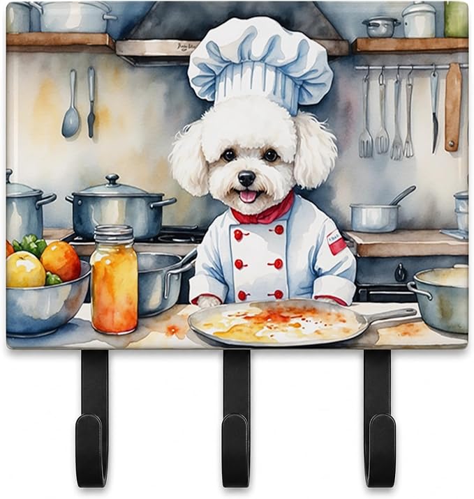Caroline's Treasures Bichon Frise The Chef Leash or Key Holder Wall Hooks, Key Hooks Holder, Coat Rack Wall Mount, Coat Hooks, Hooks for Hanging Keys, Towels, Aprons, Leashes | Bichon Frise The Chef artwork on ceramic tile with three steel hooks for ke...