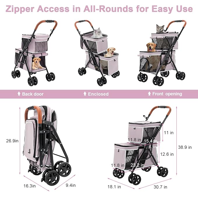 Double Pet Stroller for 2 Dogs & Cats, Double-Decker, Pink | One-Hand Fold Two-Tier Stroller with Separate Cabins, 44 lb Capacity, 4 Tethers, Locking Front Wheels and Rear Brakes