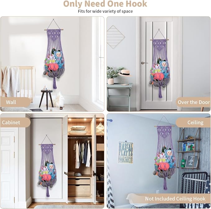 63Inch Stuffed Animal Storage Net Corner,Macrame Toy Hammock,Purple | Wall Ceiling Over Door Hanging Stuffed Animal Hammock Net,Plushies Organizer w/ Star Lights,Nursery Playroom Kid Room Decor