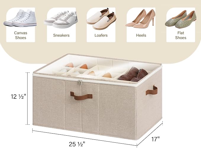 StorageWorks 24-Pair Large Shoe Storage Closet, Adjustable Dividers, Taupe | Holds up to 24 Pairs, Foldable, Clear Lid, Reinforced Handles, Fits Sneakers, Boots & Heels, For Mudroom, Living Room