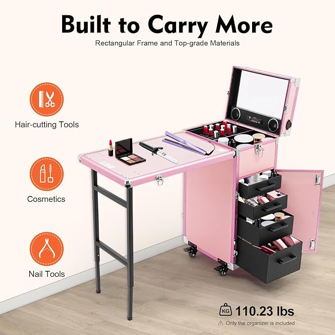 Cosmetic Trolley Storage Organizer, Foldable Nail Tables with 4 Drawers Mirror&Speaker for Hair Stylists Pet Groomers Makeup Artists Technician Workstation Salon (Pink)