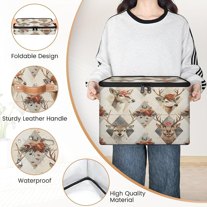 Deer Flower Storage Box with Zipper Lid