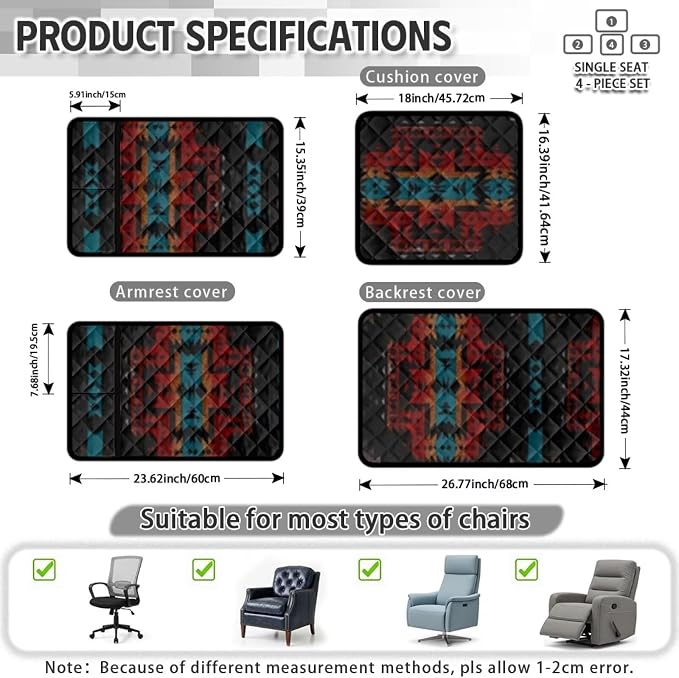 Aztec Geometric Recliner Chair Covers with Pockets 4-Piece | Tribal Quilted Recliner Furniture Protectors for Reclining Chair Lazy Boy Recliners Armchair, Pet Friendly Non Slip