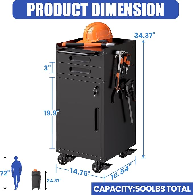 Metal Mobile Tool Storage Cabinet with 1 Locking Door and 2 Drawer | Black Heavy Duty Rolling Tool Cabinets for Garage,Metal Storage Cabinets with Wheels,Assembly Required